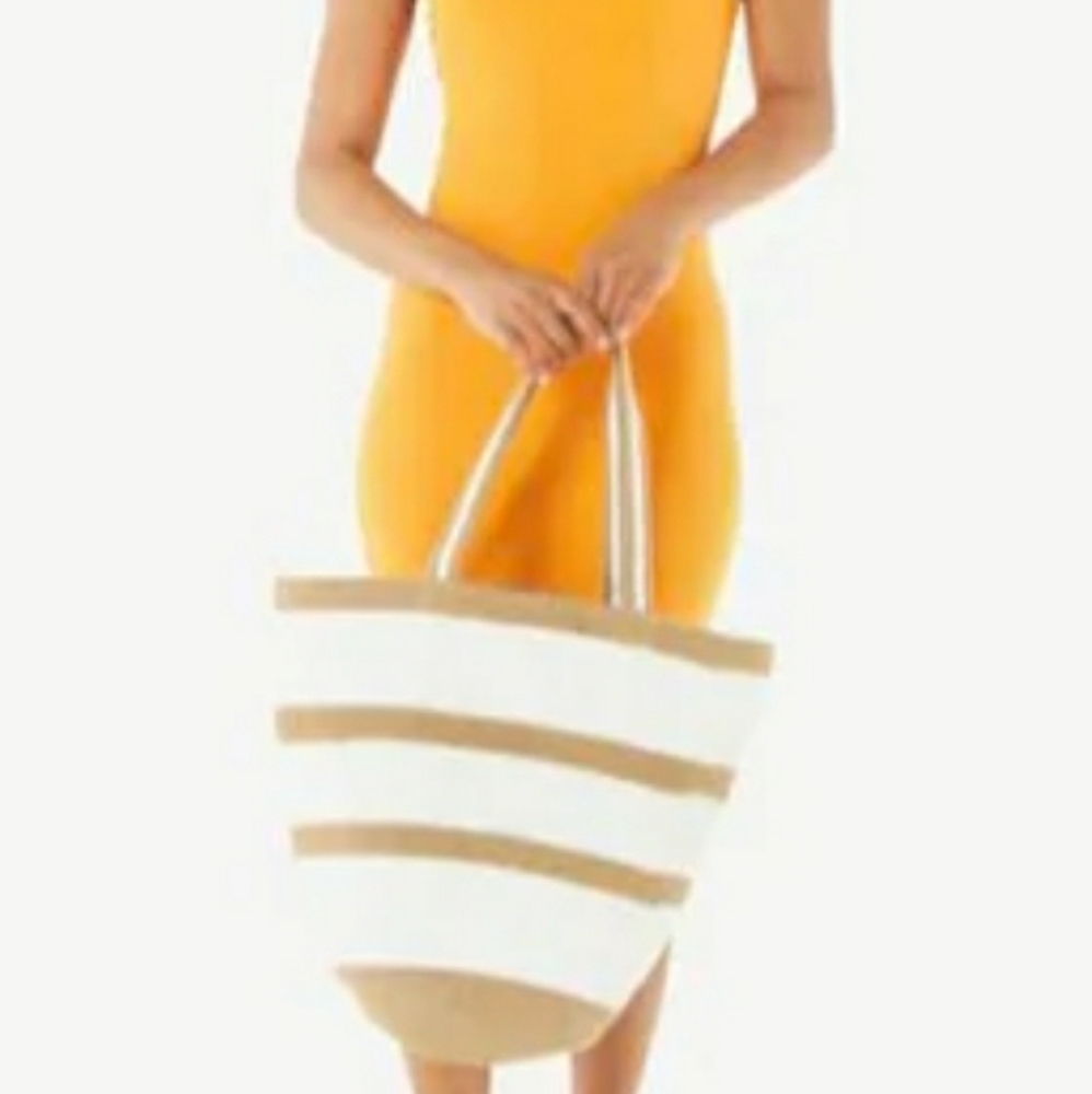 Virginia Wolf NYC “Ava” White & Khaki Striped Woven Tote Bag
